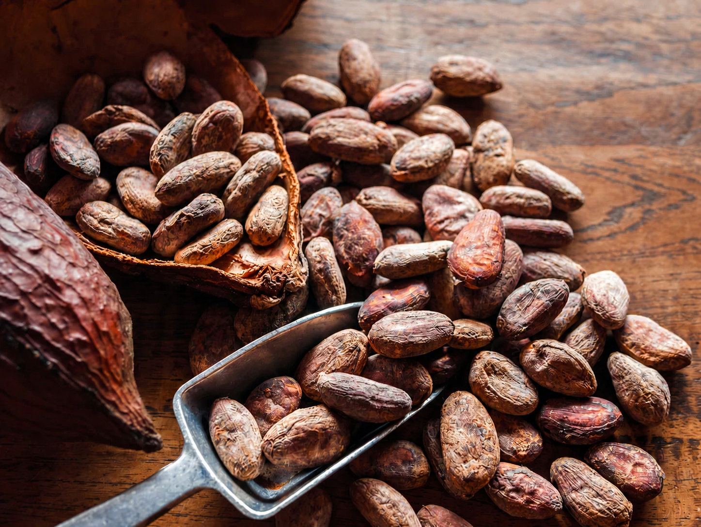 Assam cocoa farmer inspecting ripe cacao pods